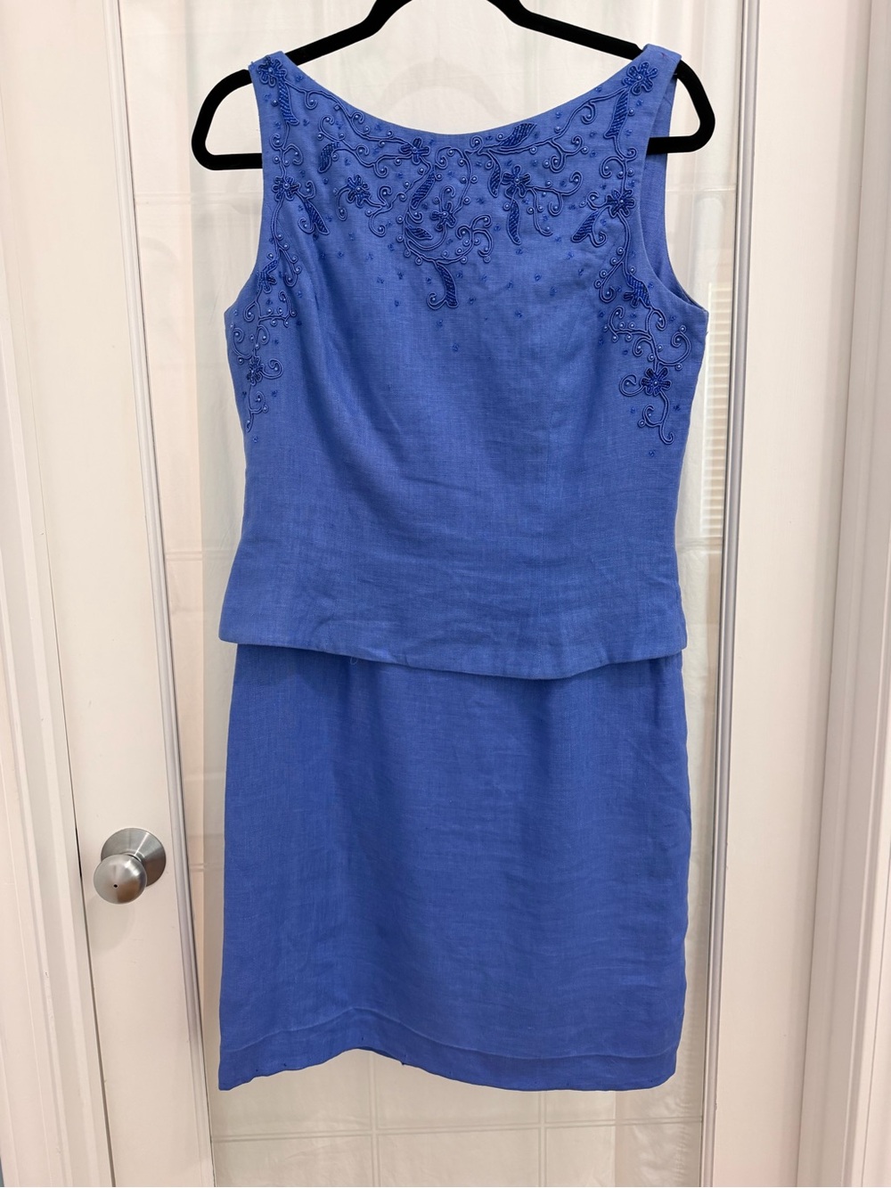 Vintage Marie St Clair Sleeveless Embroidered Blue Linen sheath Dress 10